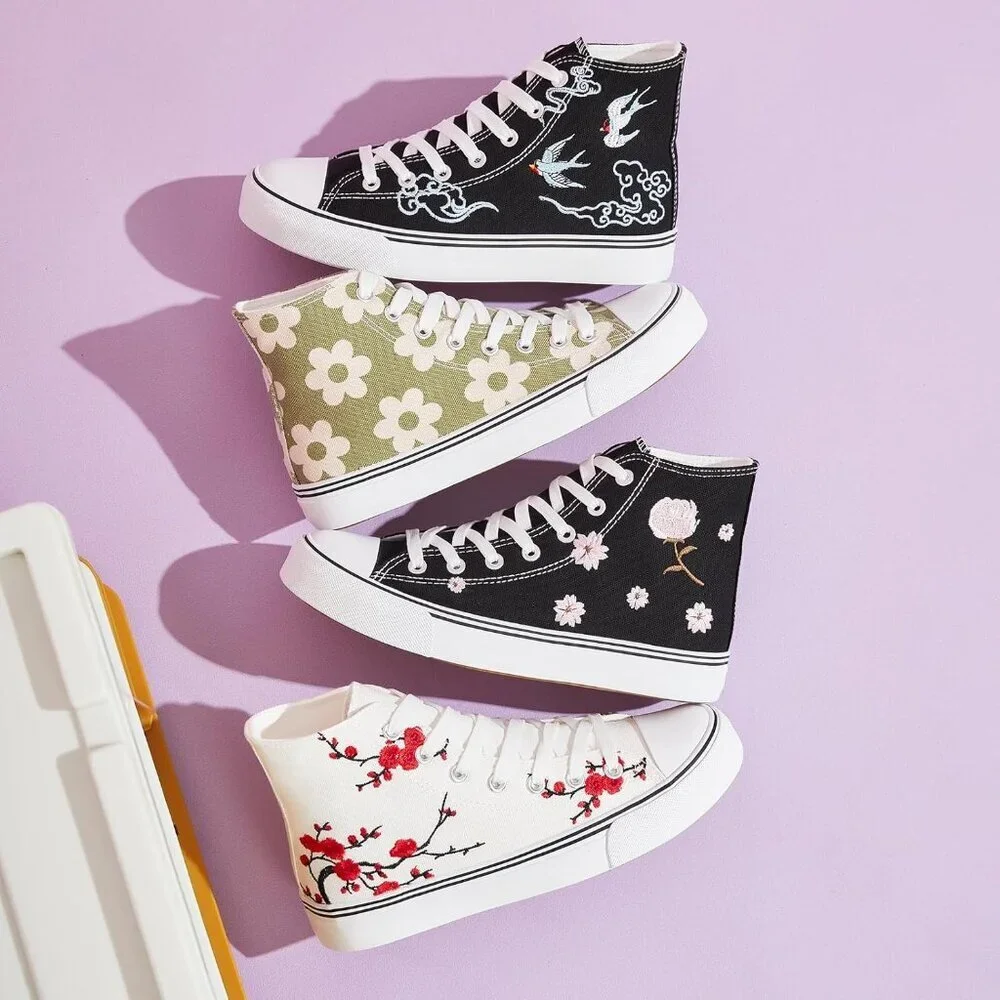 Women's White Black High Top Canvas Sneakers Lace Up Sneakers Casual Walking - Picture 5 of 6